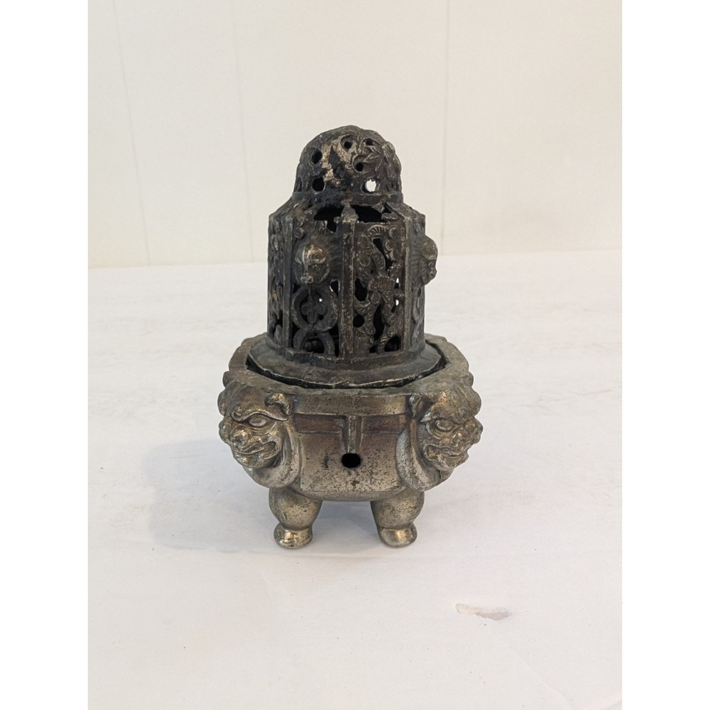Vintage Japanese Cast Metal Incense Burner Koro Foo Dog Shishi Flower Pot-Metal